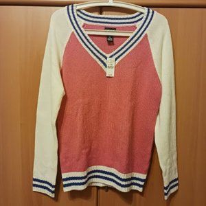 WET SEAL PREPPY CHEERLEADER V-NECK SWEATER, PINK/WHITE, SZ XL (JUNIOR), NWT